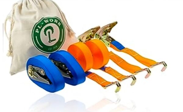 4er Set Spanngurte, 4 oder 6 Meter Länge,  blau oder Orange , mit praktischen Baumwollbeutel zur Aufbewahrung – Bild 7